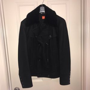Hugo Boss Black Pea Coat with Faux Fur Collar